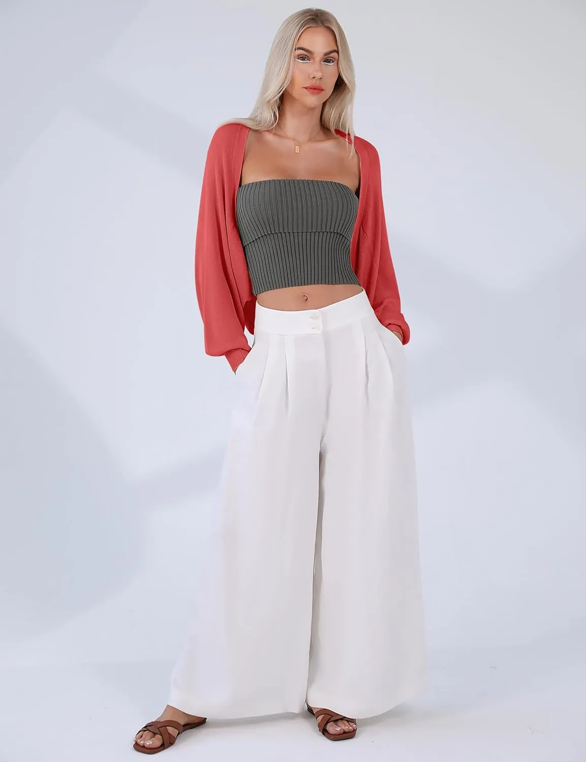 Totatuit Women's Y2K Bolero Shrugs Long Batwing Sleeve Knit Cropped Cardigan Drop Shoulder Cardigan with Back Slit