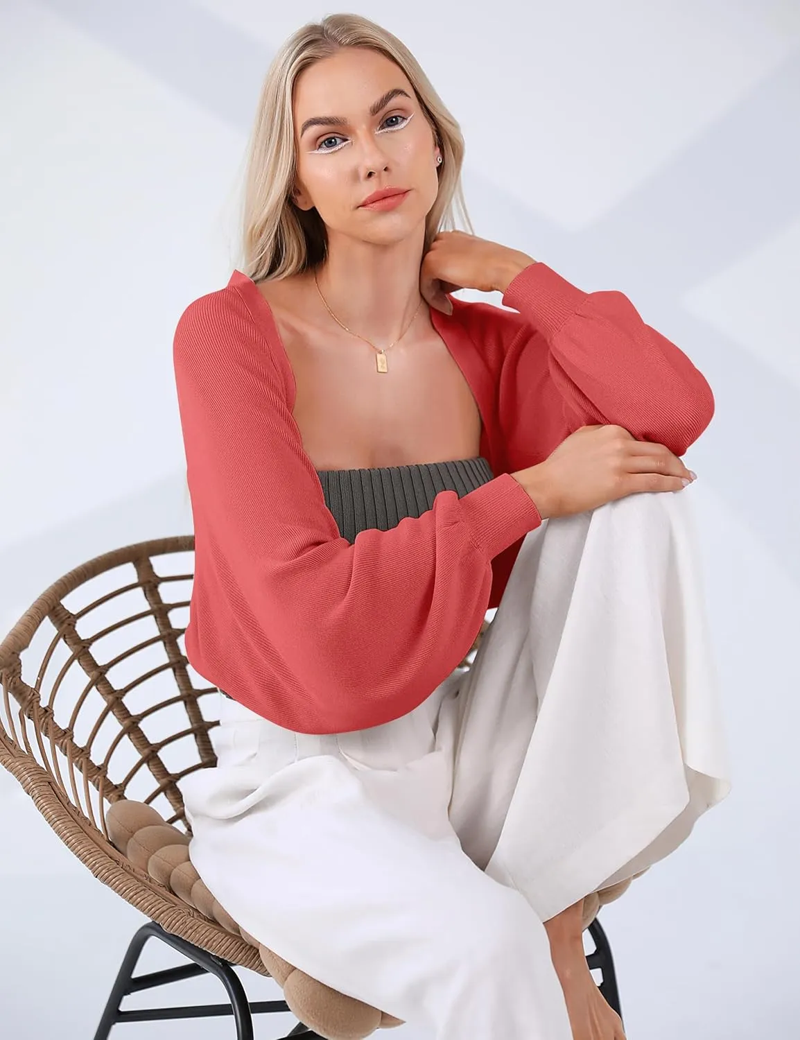 Totatuit Women's Y2K Bolero Shrugs Long Batwing Sleeve Knit Cropped Cardigan Drop Shoulder Cardigan with Back Slit