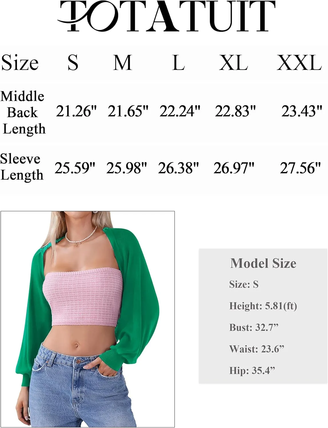 Totatuit Women's Y2K Bolero Shrugs Long Batwing Sleeve Knit Cropped Cardigan Drop Shoulder Cardigan with Back Slit