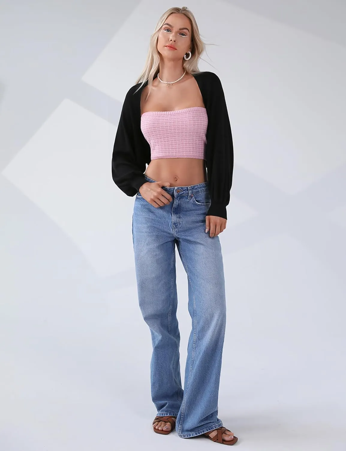 Totatuit Women's Y2K Bolero Shrugs Long Batwing Sleeve Knit Cropped Cardigan Drop Shoulder Cardigan with Back Slit