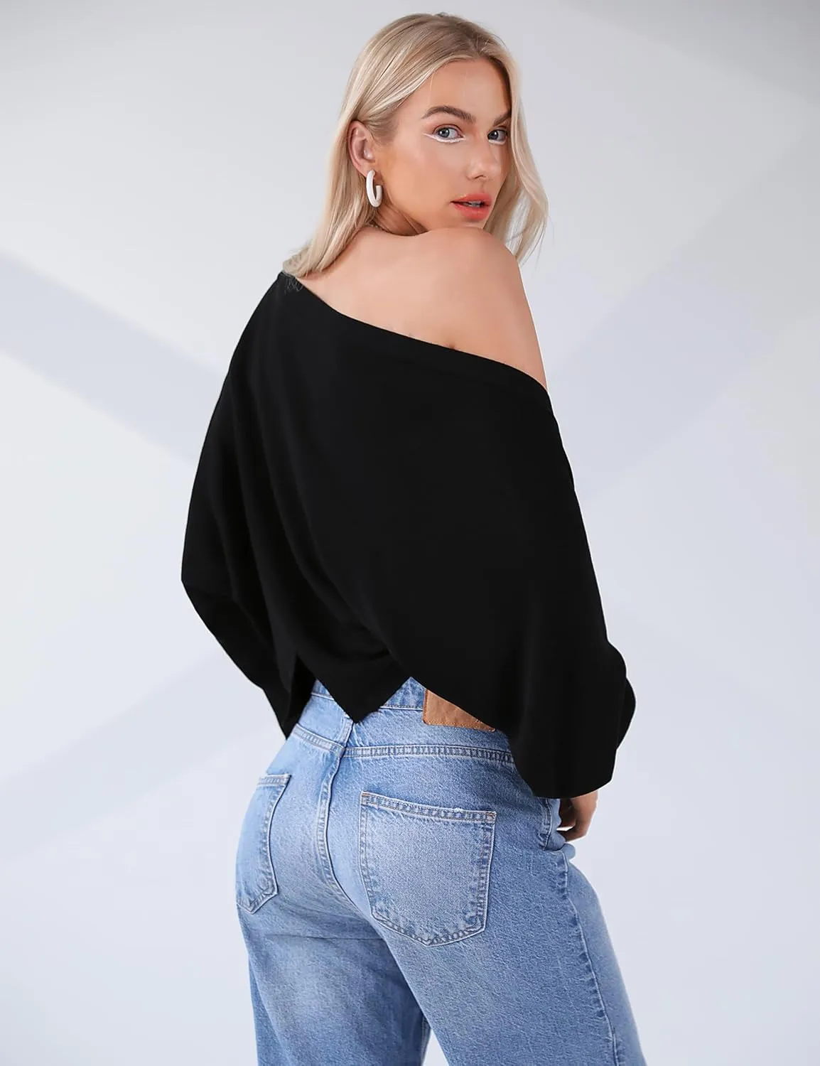 Totatuit Women's Y2K Bolero Shrugs Long Batwing Sleeve Knit Cropped Cardigan Drop Shoulder Cardigan with Back Slit