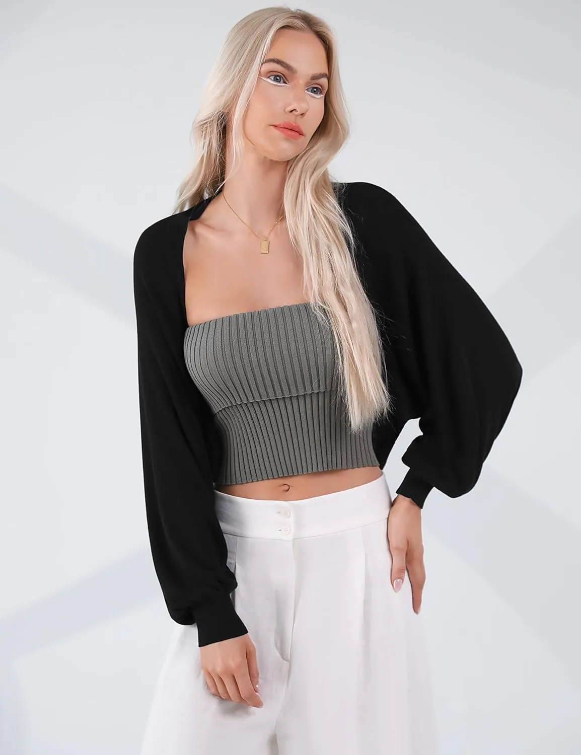 Totatuit Women's Y2K Bolero Shrugs Long Batwing Sleeve Knit Cropped Cardigan Drop Shoulder Cardigan with Back Slit