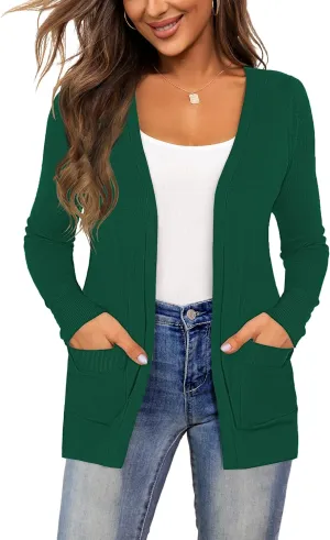 Tralilbee Women's Open Front Casual Long Sleeve Lightweight Cardigan Sweater with Pockets S-XL