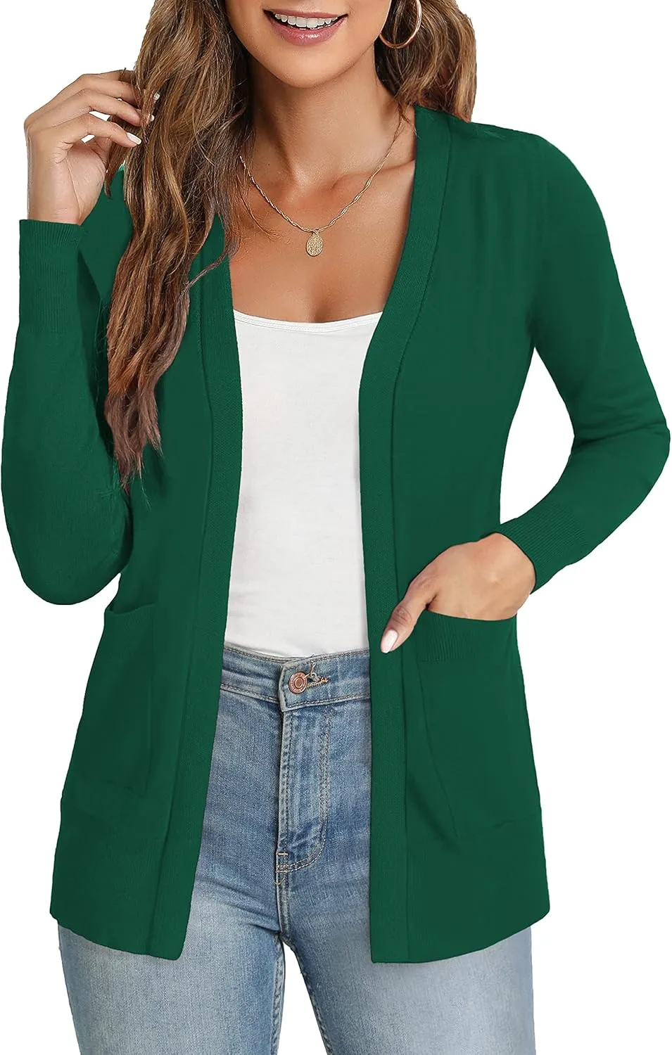 Tralilbee Women's Open Front Casual Long Sleeve Lightweight Cardigan Sweater with Pockets S-XL