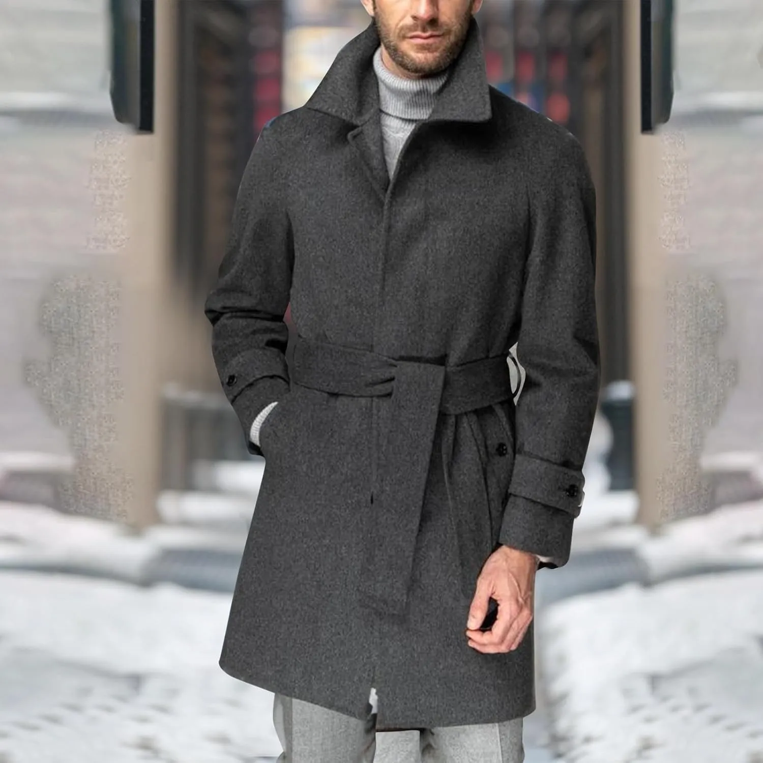 Trench Coat Men Classic Notched Collar Overcoat Warm Single Breasted Peacoat Elegant Long Jacket Overcoat