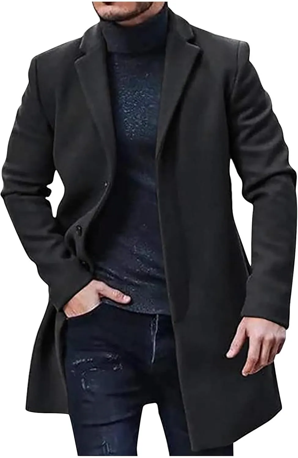 Trench Coat Men Classic Notched Lapel Overcoat Winter Single Breasted Peacoat Warm Long Jacket Overcoat