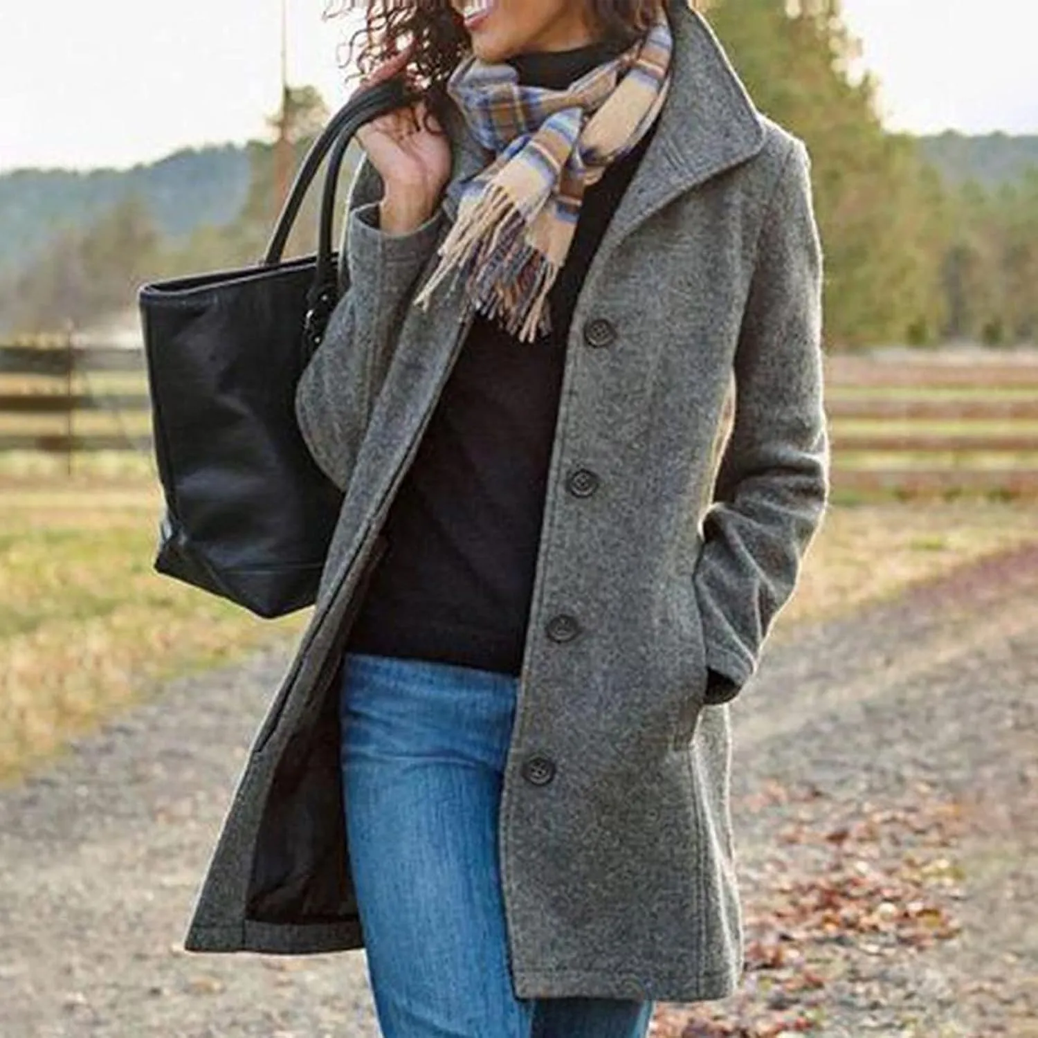 Trench Coat Women Winter Wool Pea Coat Stand Collar Single Breasted Jacket Casual Thicken Overcoat with Pockets