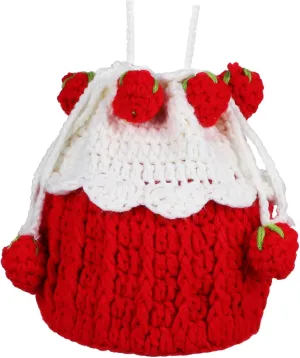 Unique Strawberry Cake Bun Bag Drawstring Crochet Purse Bucket Bag for Women