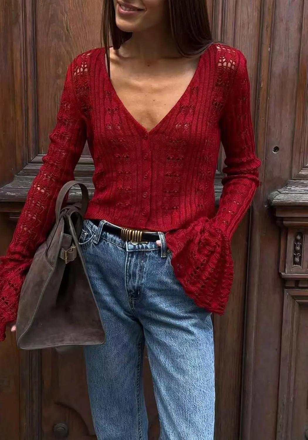 Unybwonn Long Cardigans for Women Crochet Hollow Out Knit Sweater Cover up Maxi Dress Long Sleeve Button Down Cardigan