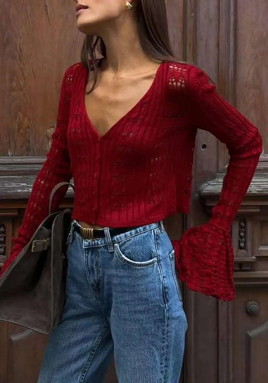 Unybwonn Long Cardigans for Women Crochet Hollow Out Knit Sweater Cover up Maxi Dress Long Sleeve Button Down Cardigan