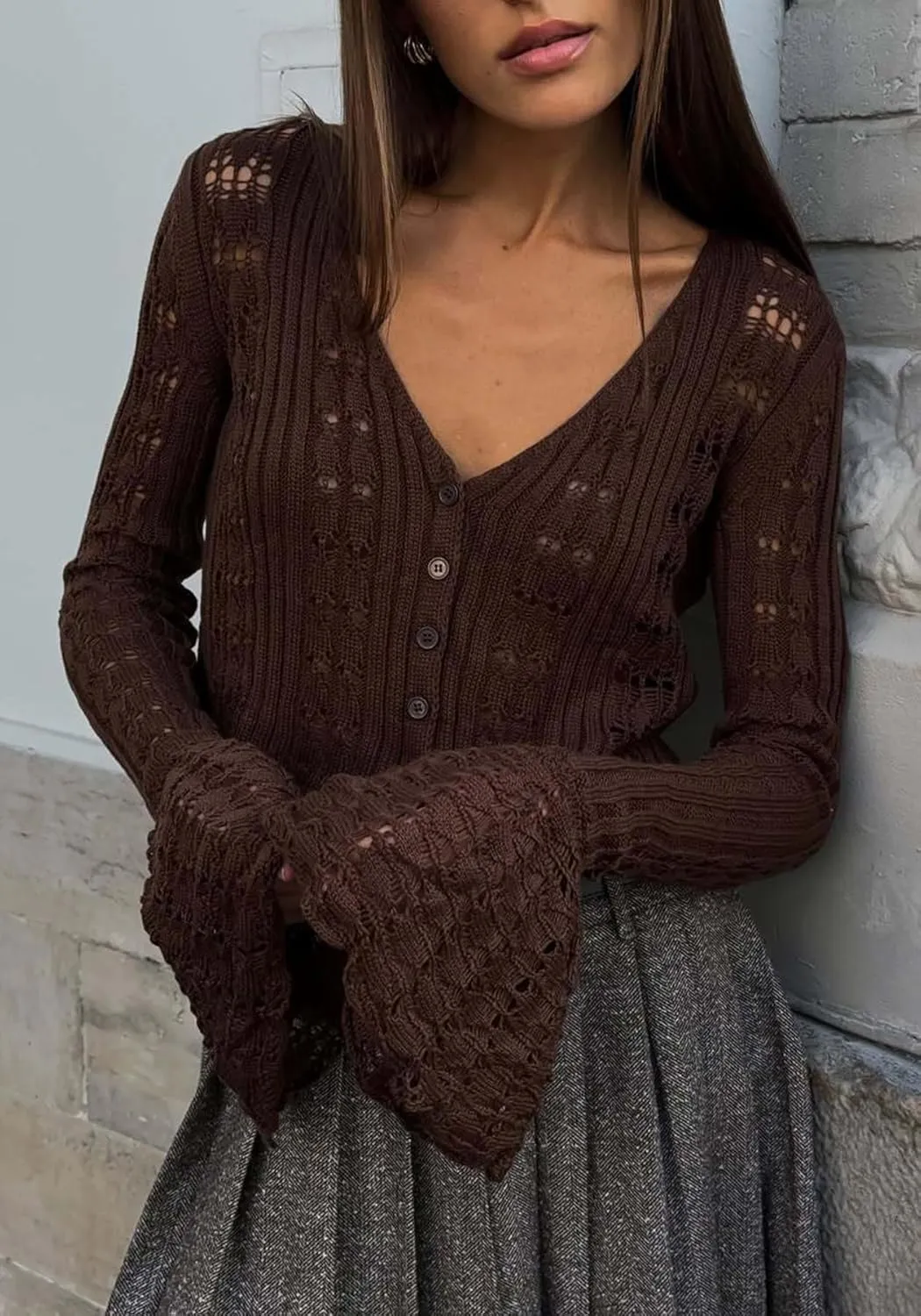 Unybwonn Long Cardigans for Women Crochet Hollow Out Knit Sweater Cover up Maxi Dress Long Sleeve Button Down Cardigan