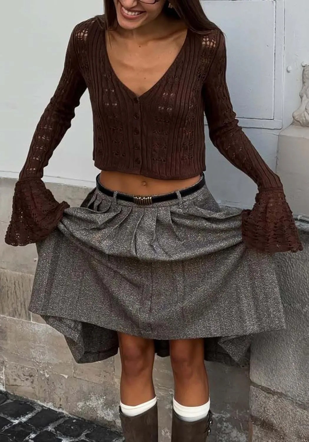 Unybwonn Long Cardigans for Women Crochet Hollow Out Knit Sweater Cover up Maxi Dress Long Sleeve Button Down Cardigan