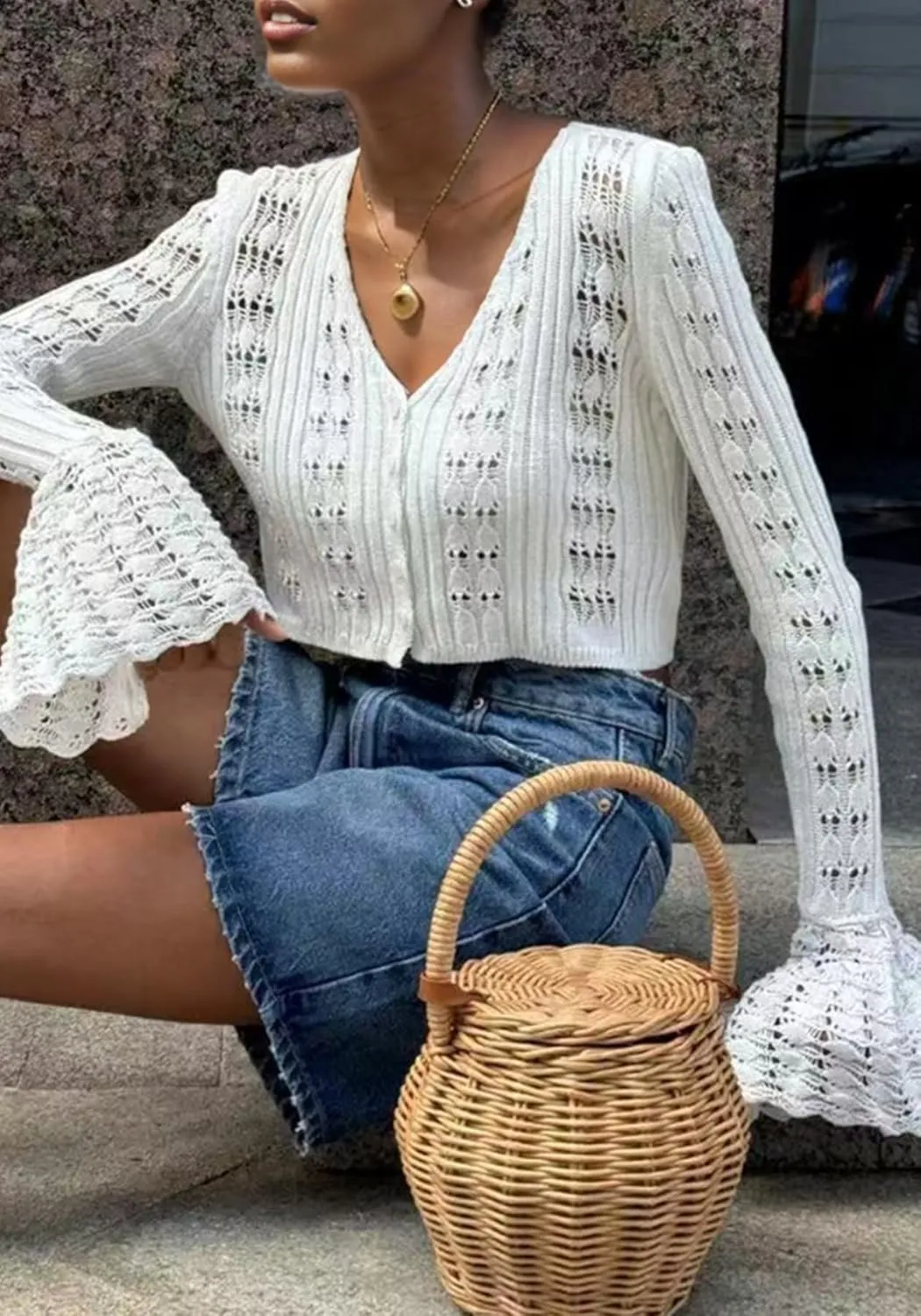 Unybwonn Long Cardigans for Women Crochet Hollow Out Knit Sweater Cover up Maxi Dress Long Sleeve Button Down Cardigan