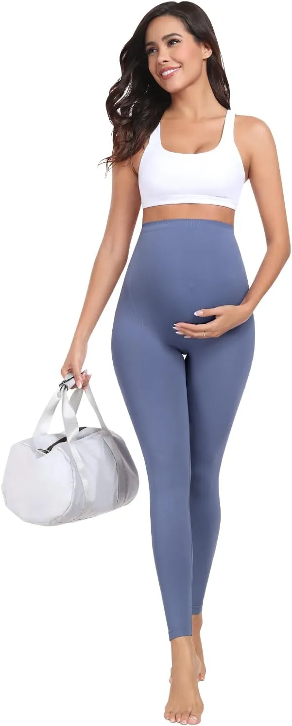 URUWASHI Womens Maternity Leggings Over The Belly Seamless Workout Pregnancy Pants High Waist Maternity Activewear for Women