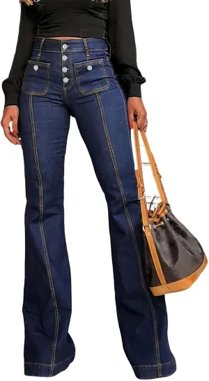 utcoco Womens 2025 High Waist Jeans Retro Button Denim Trouser Elegant Flare Jeans