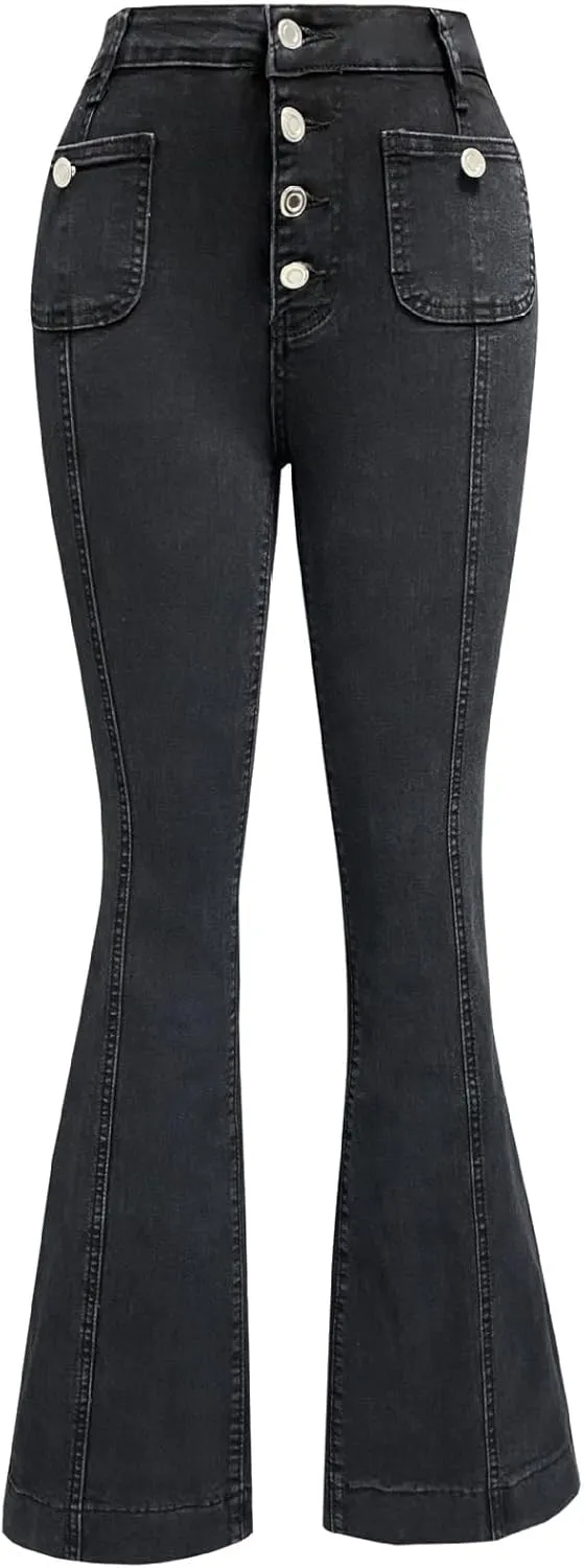 utcoco Womens 2025 High Waist Jeans Retro Button Denim Trouser Elegant Flare Jeans