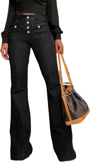 utcoco Womens 2025 High Waist Jeans Retro Button Denim Trouser Elegant Flare Jeans