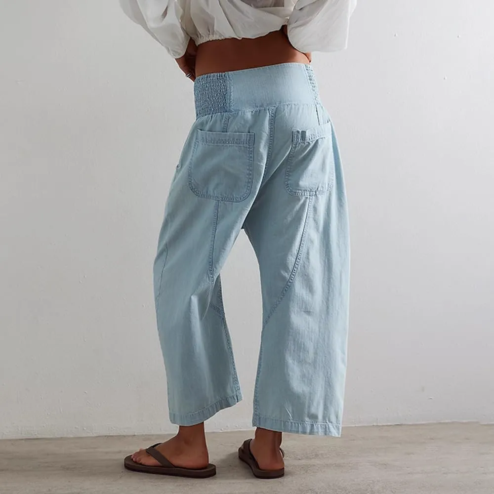 utcoco Womens Smocked Mid Rise Barrel Jeans Y2k Vintage Baggy Wide Leg Jeans Cropped Denim Harem Pants