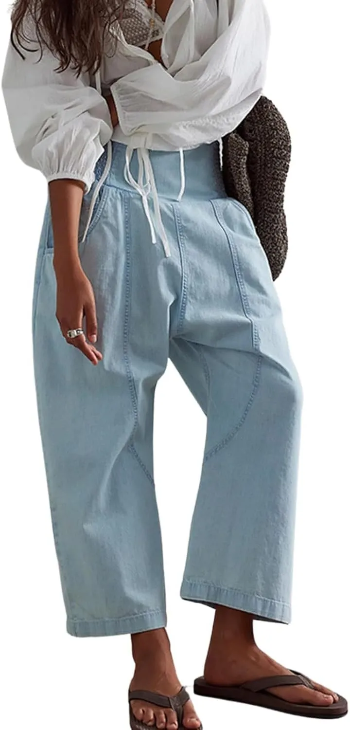 utcoco Womens Smocked Mid Rise Barrel Jeans Y2k Vintage Baggy Wide Leg Jeans Cropped Denim Harem Pants