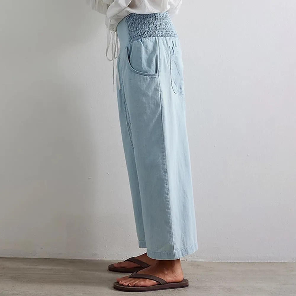 utcoco Womens Smocked Mid Rise Barrel Jeans Y2k Vintage Baggy Wide Leg Jeans Cropped Denim Harem Pants