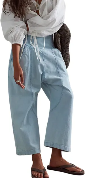 utcoco Womens Smocked Mid Rise Barrel Jeans Y2k Vintage Baggy Wide Leg Jeans Cropped Denim Harem Pants