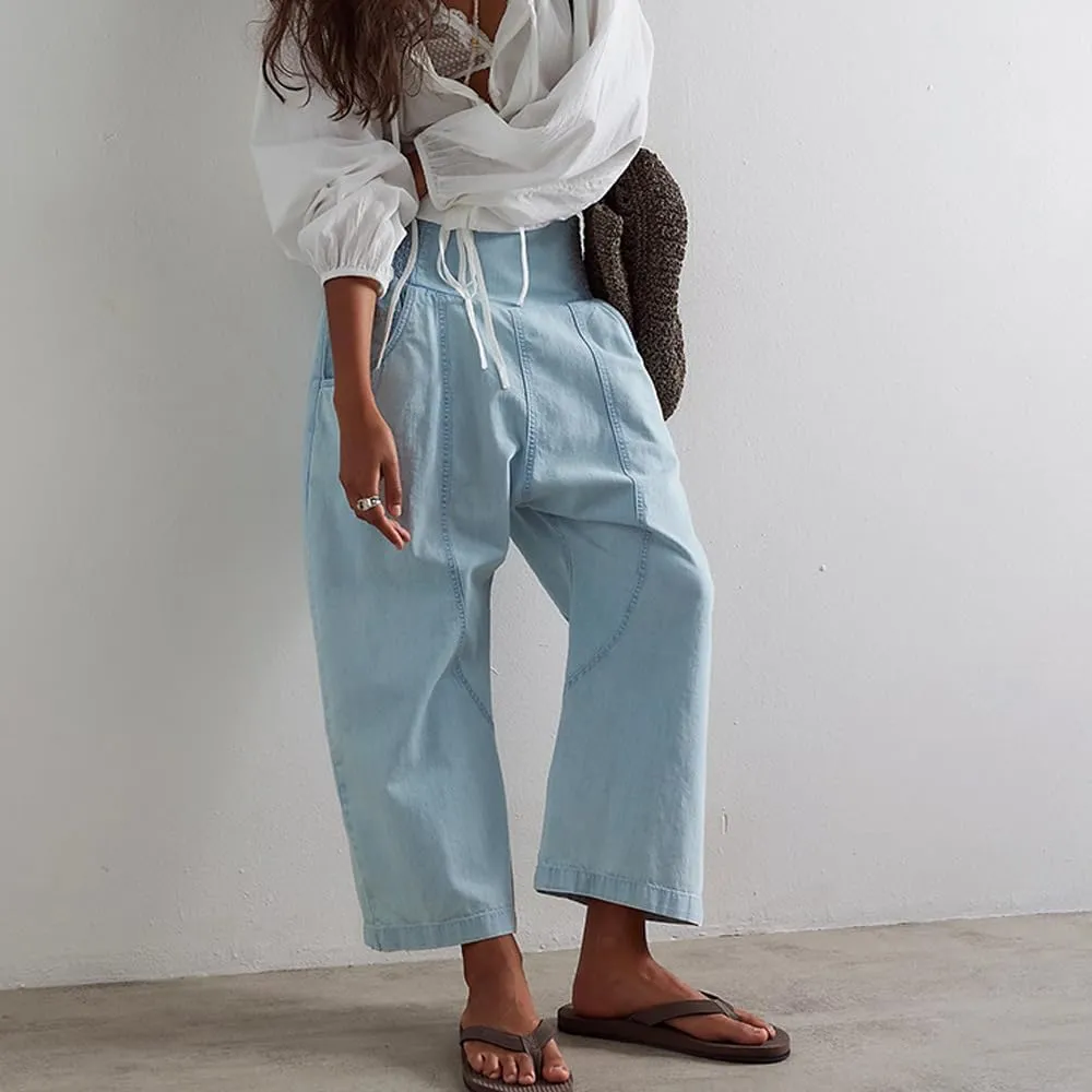 utcoco Womens Smocked Mid Rise Barrel Jeans Y2k Vintage Baggy Wide Leg Jeans Cropped Denim Harem Pants
