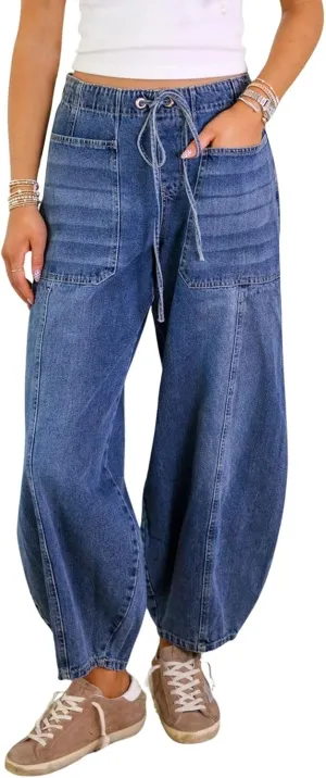 utcoco Womens Y2K Barrel Jeans Drawstring Elastic Waist Baggy Jeans Causal Mid Rise Harem Denim Pants
