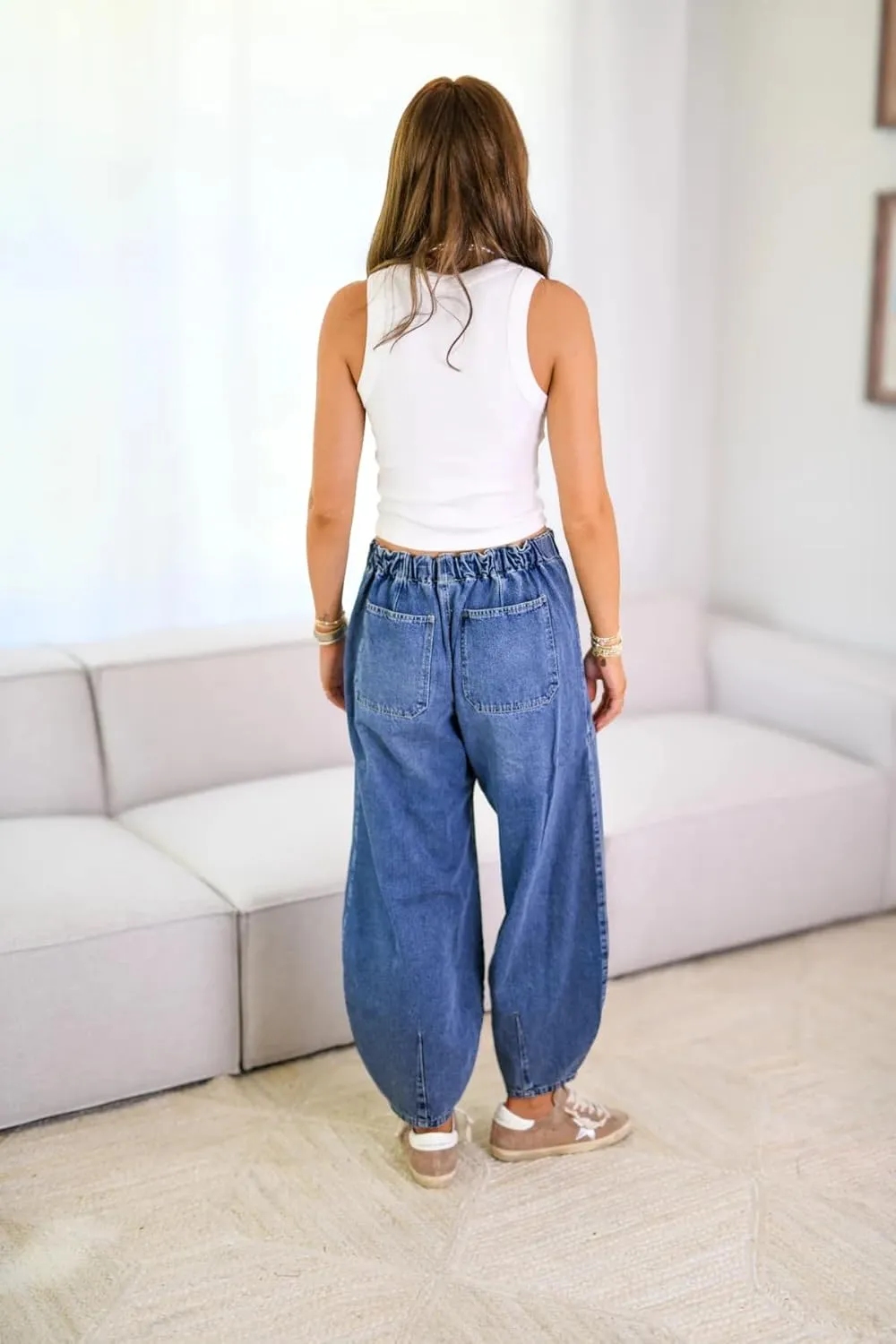 utcoco Womens Y2K Barrel Jeans Drawstring Elastic Waist Baggy Jeans Causal Mid Rise Harem Denim Pants