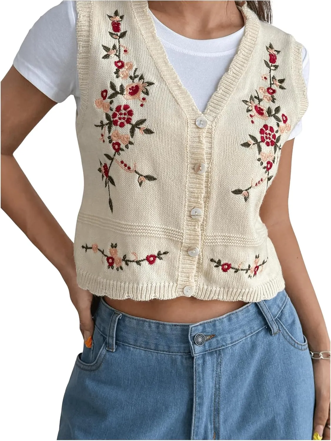 WDIRARA Women's Floral Embroidered Button Front V Neck Sleeveless Knit Sweater Vest