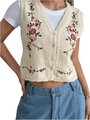 WDIRARA Women's Floral Embroidered Button Front V Neck Sleeveless Knit Sweater Vest