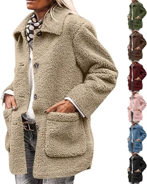 Winter Jackets for Women Lapel Button Sherpa Jacket Trendy Warm Faux Fur Coat Comfy Fuzzy Sweater Coats with Pockets