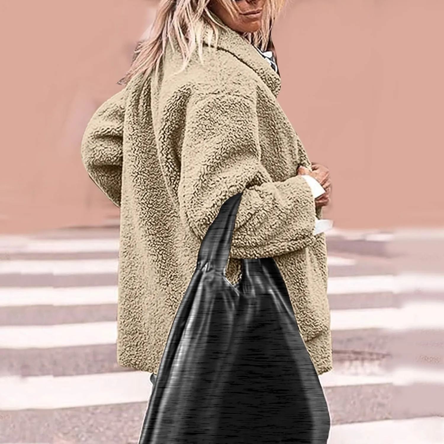 Winter Jackets for Women Lapel Button Sherpa Jacket Trendy Warm Faux Fur Coat Comfy Fuzzy Sweater Coats with Pockets