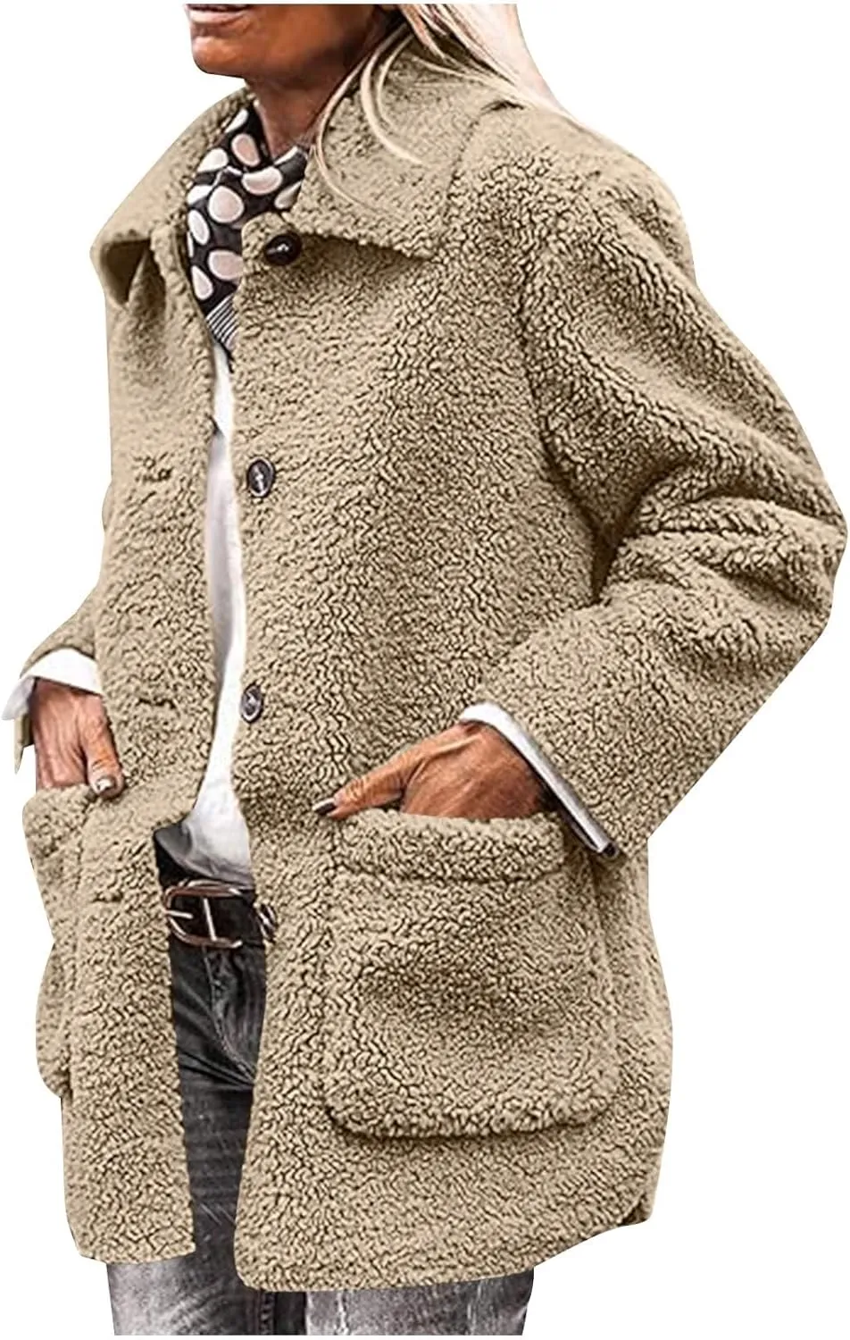 Winter Jackets for Women Lapel Button Sherpa Jacket Trendy Warm Faux Fur Coat Comfy Fuzzy Sweater Coats with Pockets