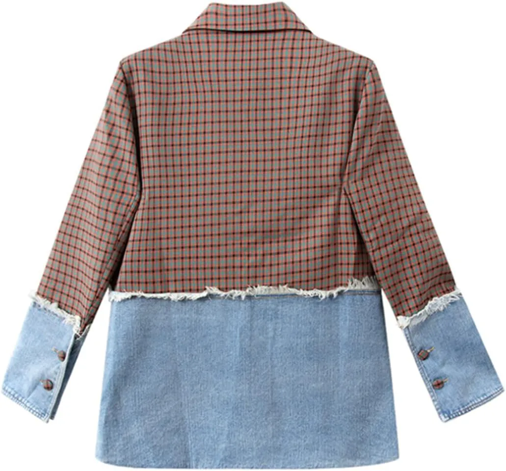 Women Casual Blazer Jacket Long Sleeve Plaid Denim Splice Pocket Loose Office Blazers