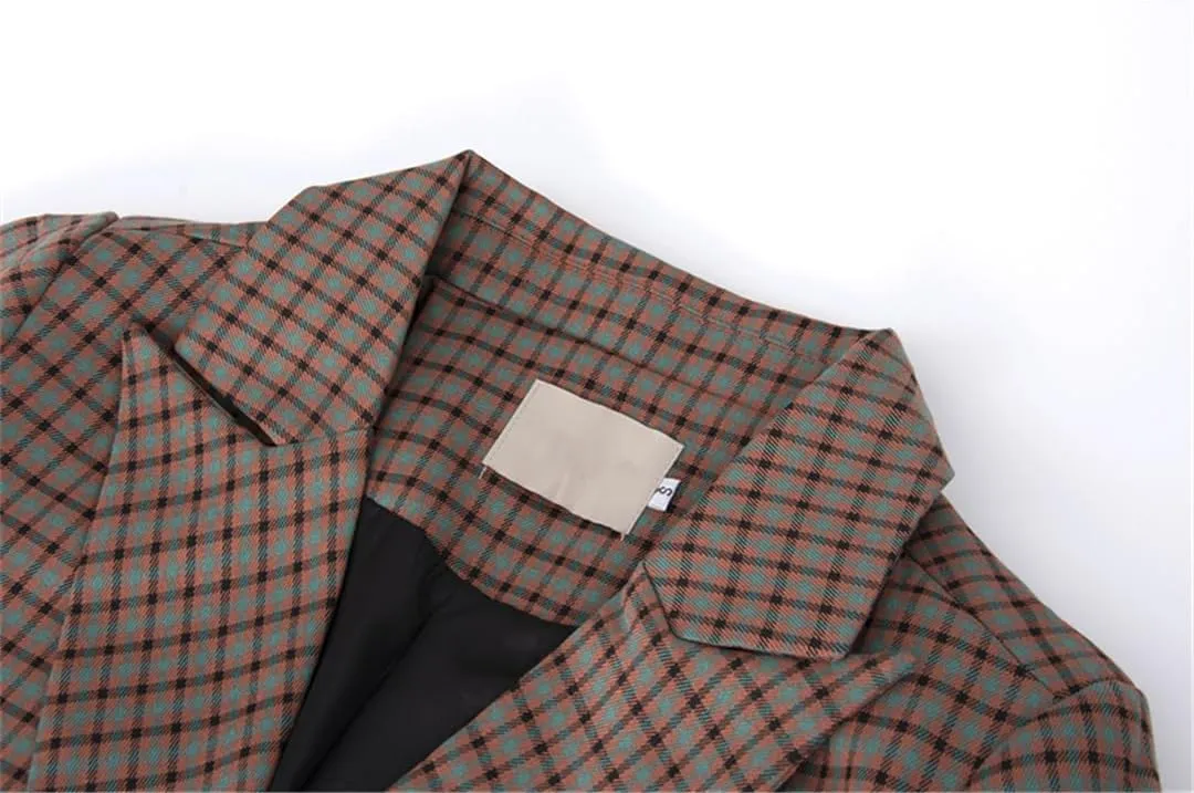Women Casual Blazer Jacket Long Sleeve Plaid Denim Splice Pocket Loose Office Blazers