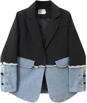 Women Casual Blazer Jacket Long Sleeve Plaid Denim Splice Pocket Loose Office Blazers