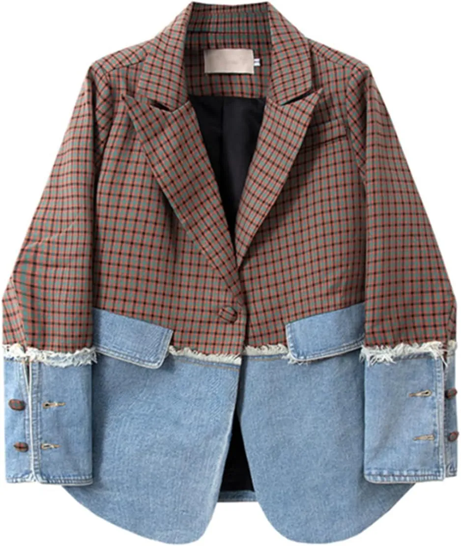 Women Casual Blazer Jacket Long Sleeve Plaid Denim Splice Pocket Loose Office Blazers
