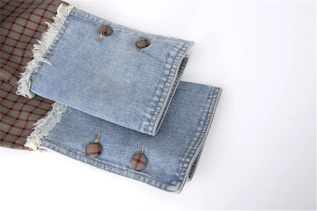 Women Casual Blazer Jacket Long Sleeve Plaid Denim Splice Pocket Loose Office Blazers