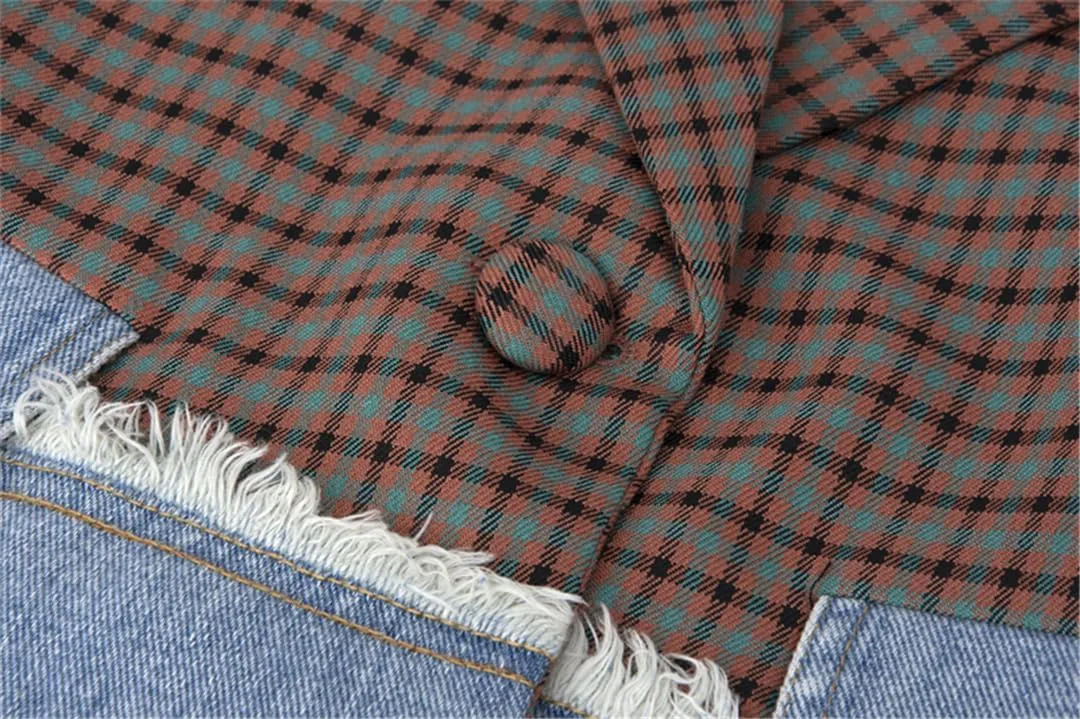 Women Casual Blazer Jacket Long Sleeve Plaid Denim Splice Pocket Loose Office Blazers