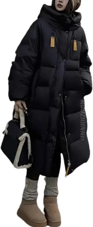 Women Drawstring Hooded Thick Long Parka Coat Classic Zipper Long Sleeve Cotton-Padded Jacket