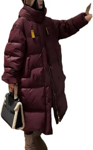 Women Drawstring Hooded Thick Long Parka Coat Classic Zipper Long Sleeve Cotton-Padded Jacket