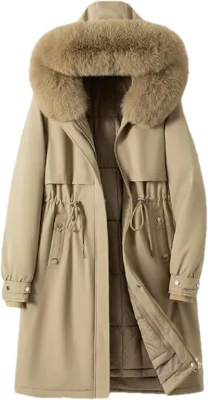 Women Drawstring Waist Thick Parka Coat Classic Plush Hooded Long Cotton-Padded Jacket