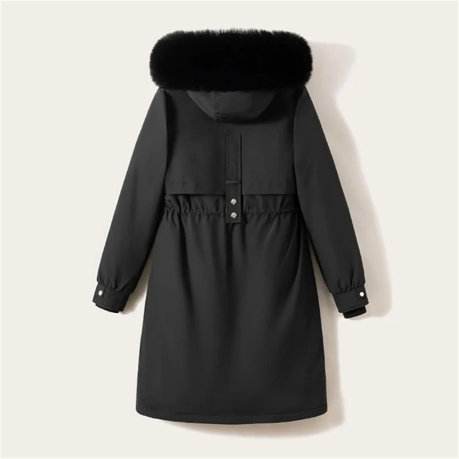 Women Drawstring Waist Thick Parka Coat Classic Plush Hooded Long Cotton-Padded Jacket