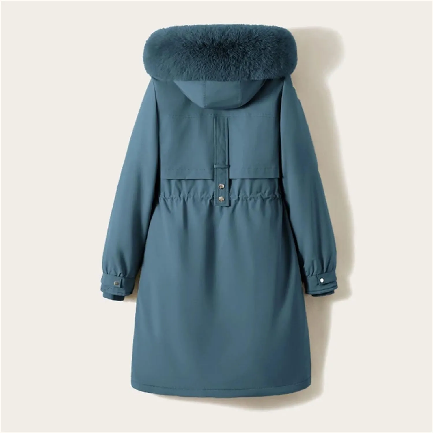 Women Drawstring Waist Thick Parka Coat Classic Plush Hooded Long Cotton-Padded Jacket