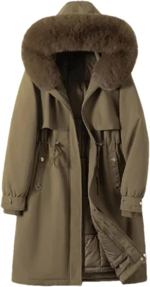 Women Drawstring Waist Thick Parka Coat Classic Plush Hooded Long Cotton-Padded Jacket