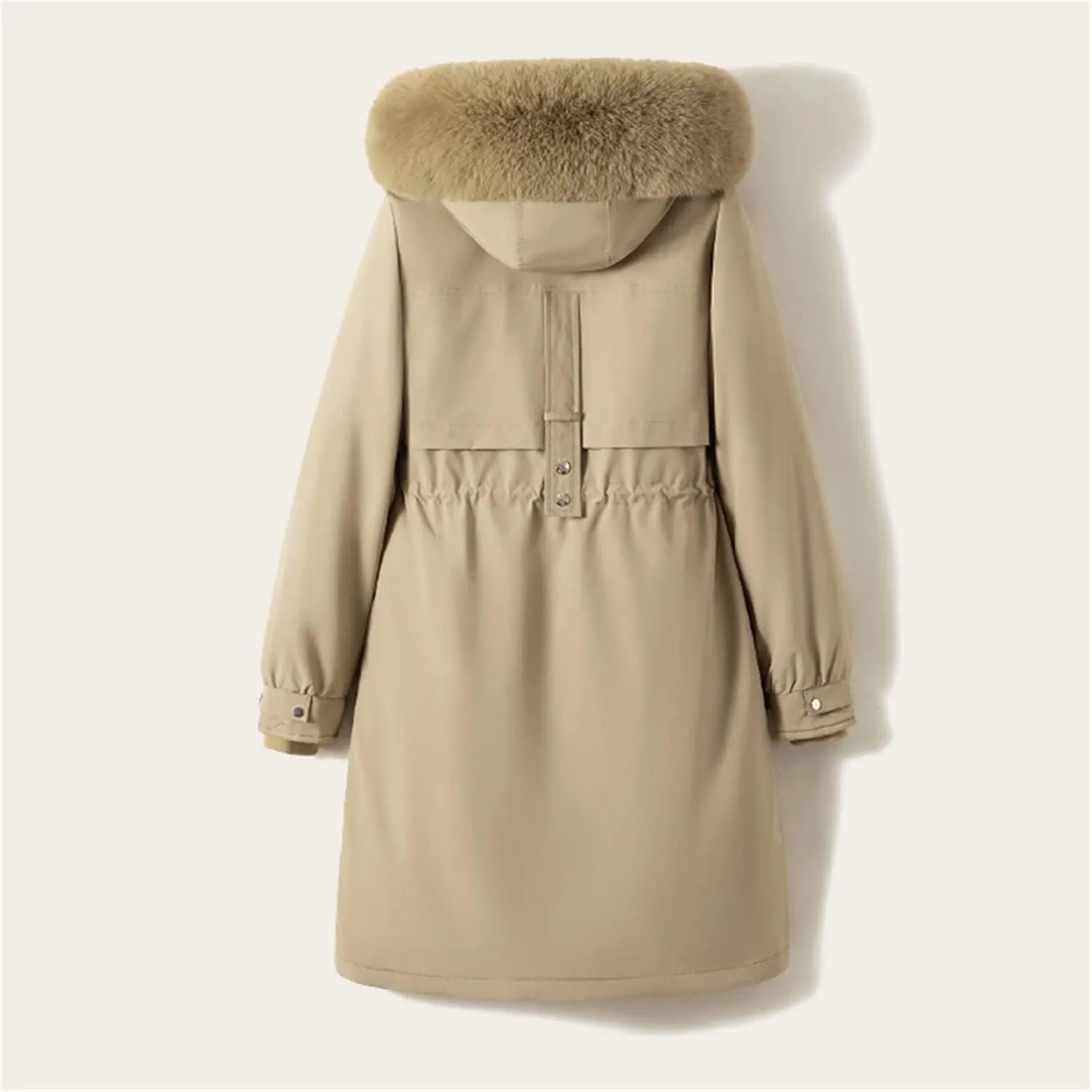Women Drawstring Waist Thick Parka Coat Classic Plush Hooded Long Cotton-Padded Jacket