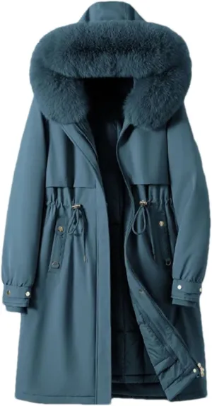 Women Drawstring Waist Thick Parka Coat Classic Plush Hooded Long Cotton-Padded Jacket