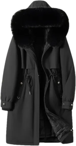 Women Drawstring Waist Thick Parka Coat Classic Plush Hooded Long Cotton-Padded Jacket