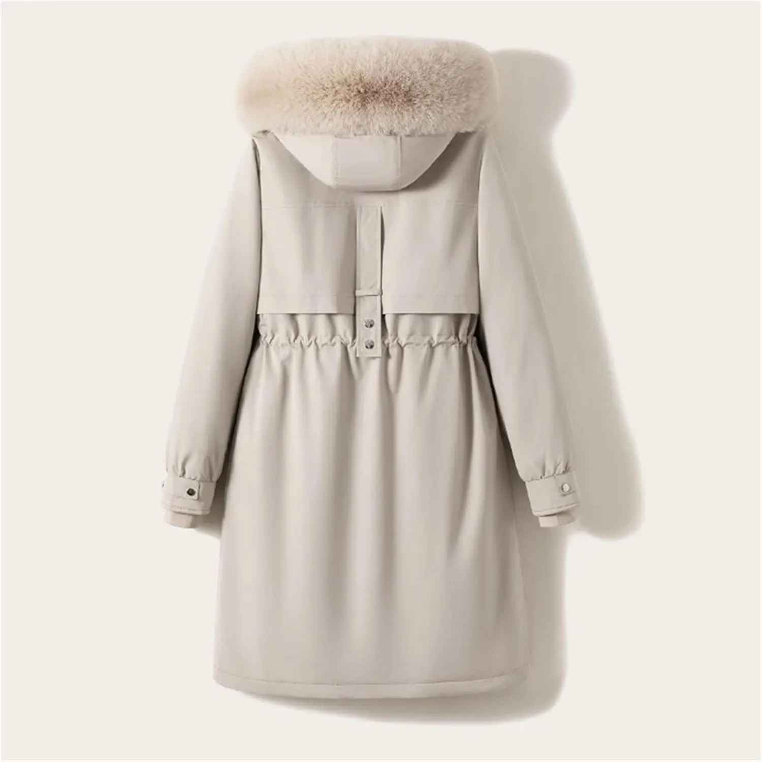 Women Drawstring Waist Thick Parka Coat Classic Plush Hooded Long Cotton-Padded Jacket