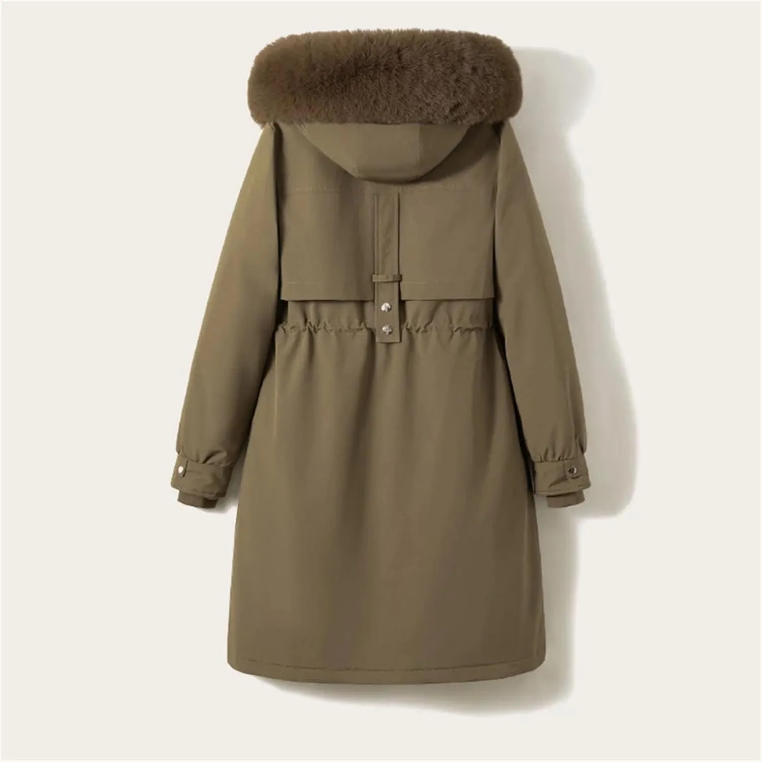 Women Drawstring Waist Thick Parka Coat Classic Plush Hooded Long Cotton-Padded Jacket